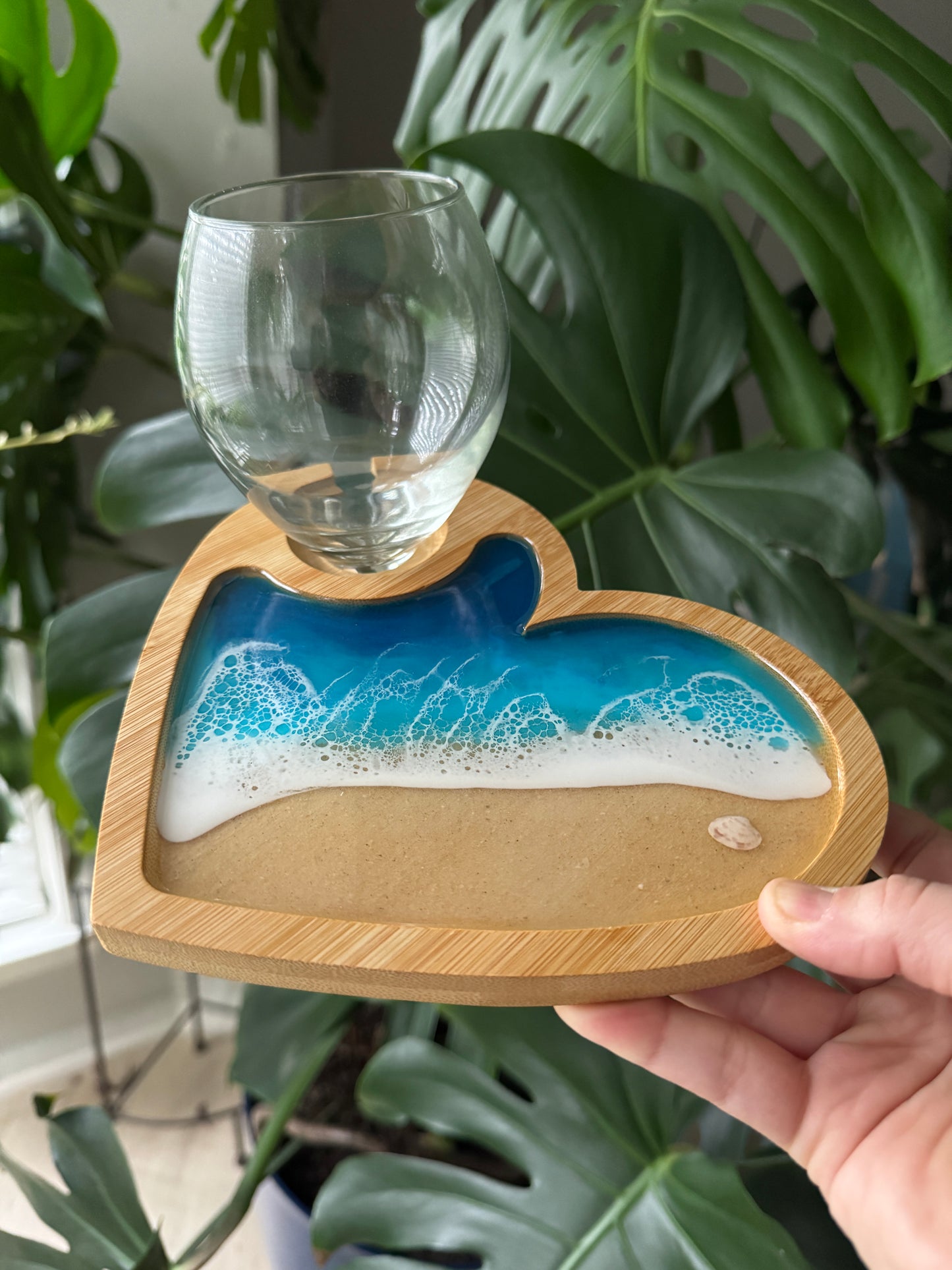 Blue Waves Appetizer board with wine glass holder