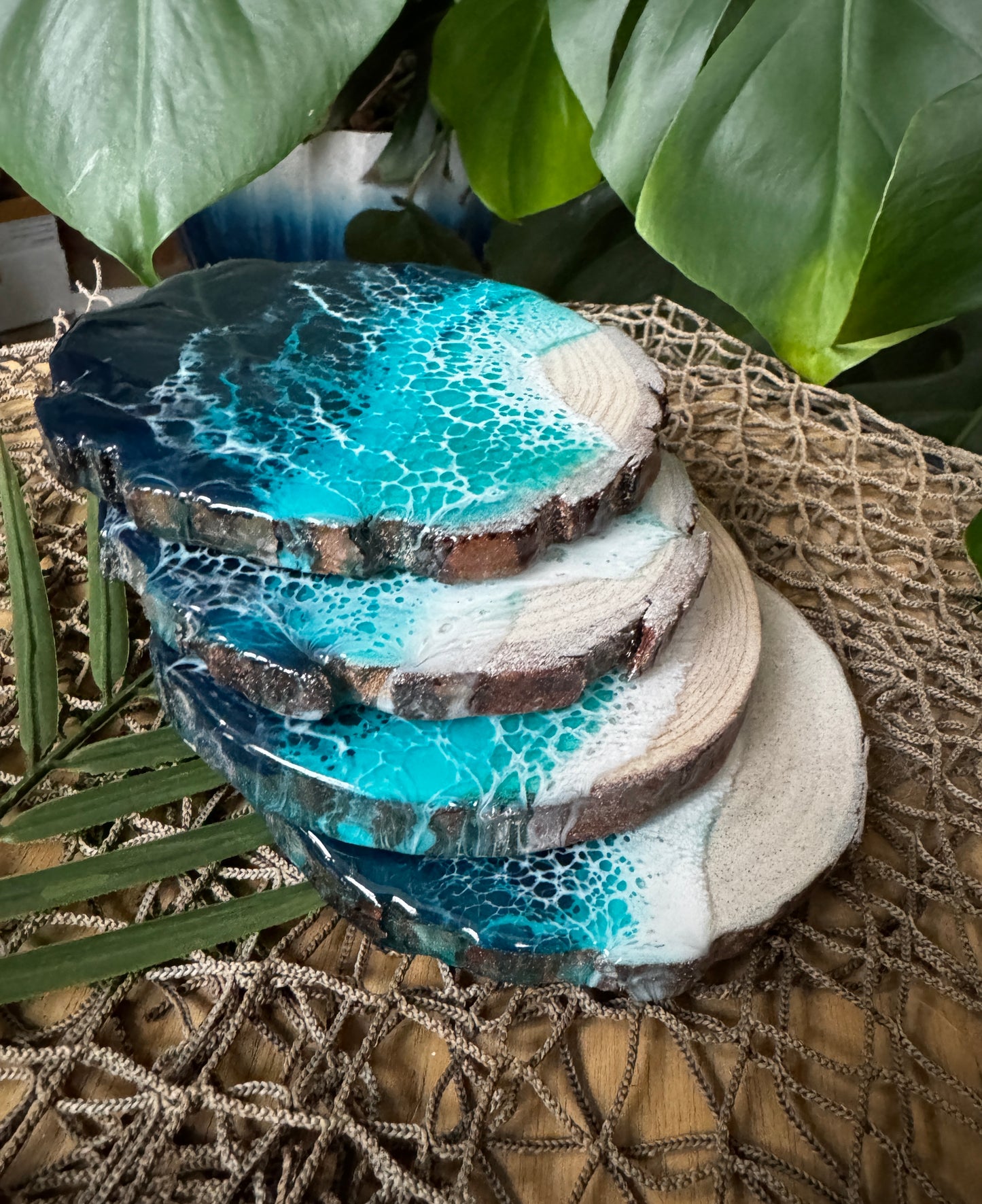 Emerald Coast Beach Coasters, Resin Waves Coasters Set of 4