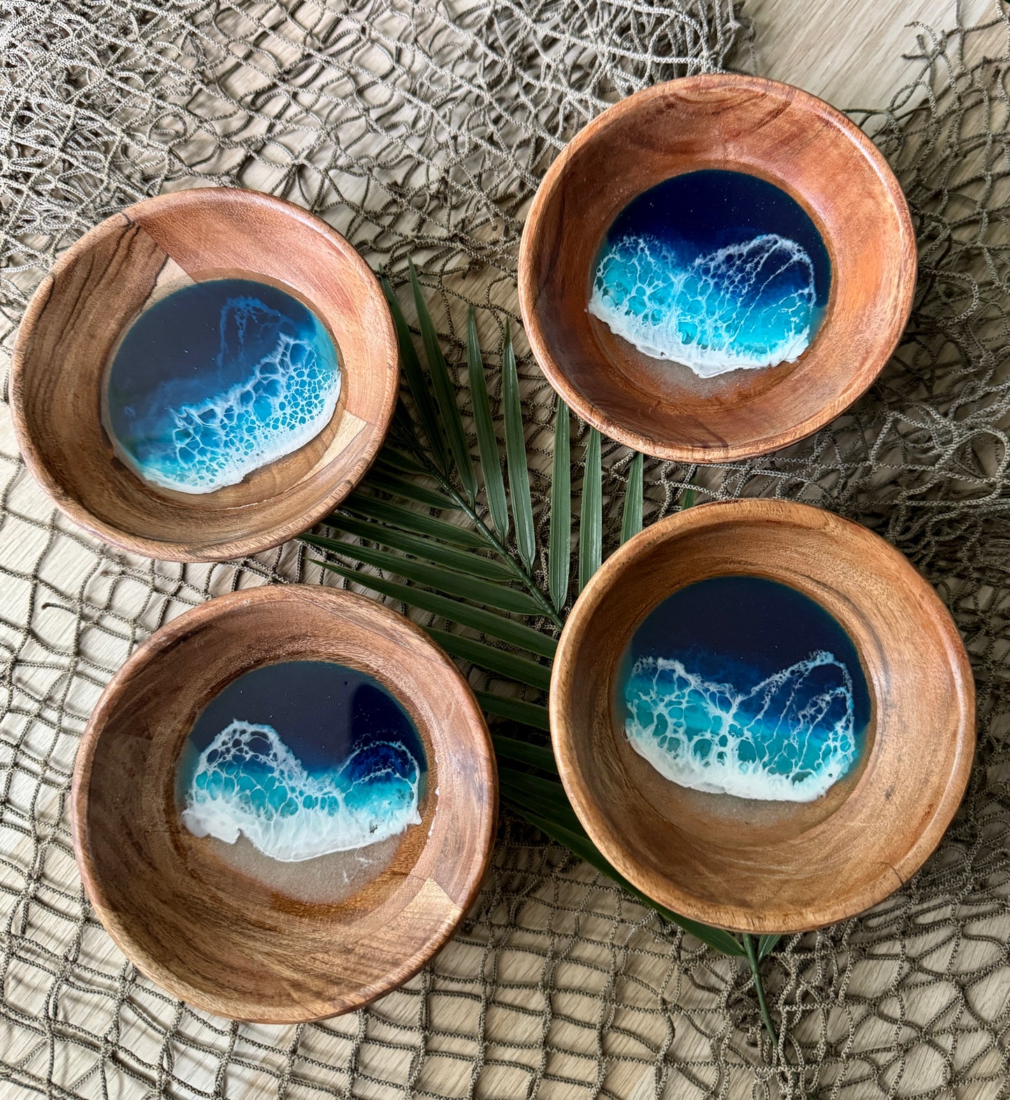 Wooden Bowl with Ocean Resin Waves, Jewelry Dish