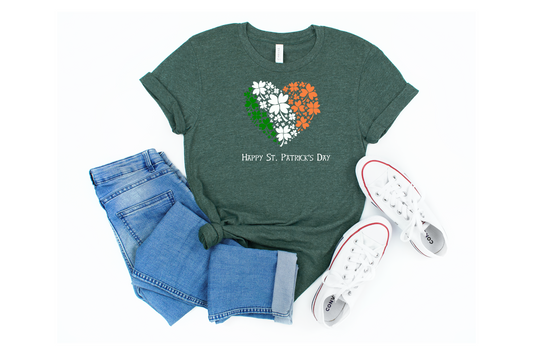 St Patrick's Day Irish Flag Heart T-Shirt, Shamrock Tee, Celtic Pride Shirt, Gaelic Clothing, March 17th Top