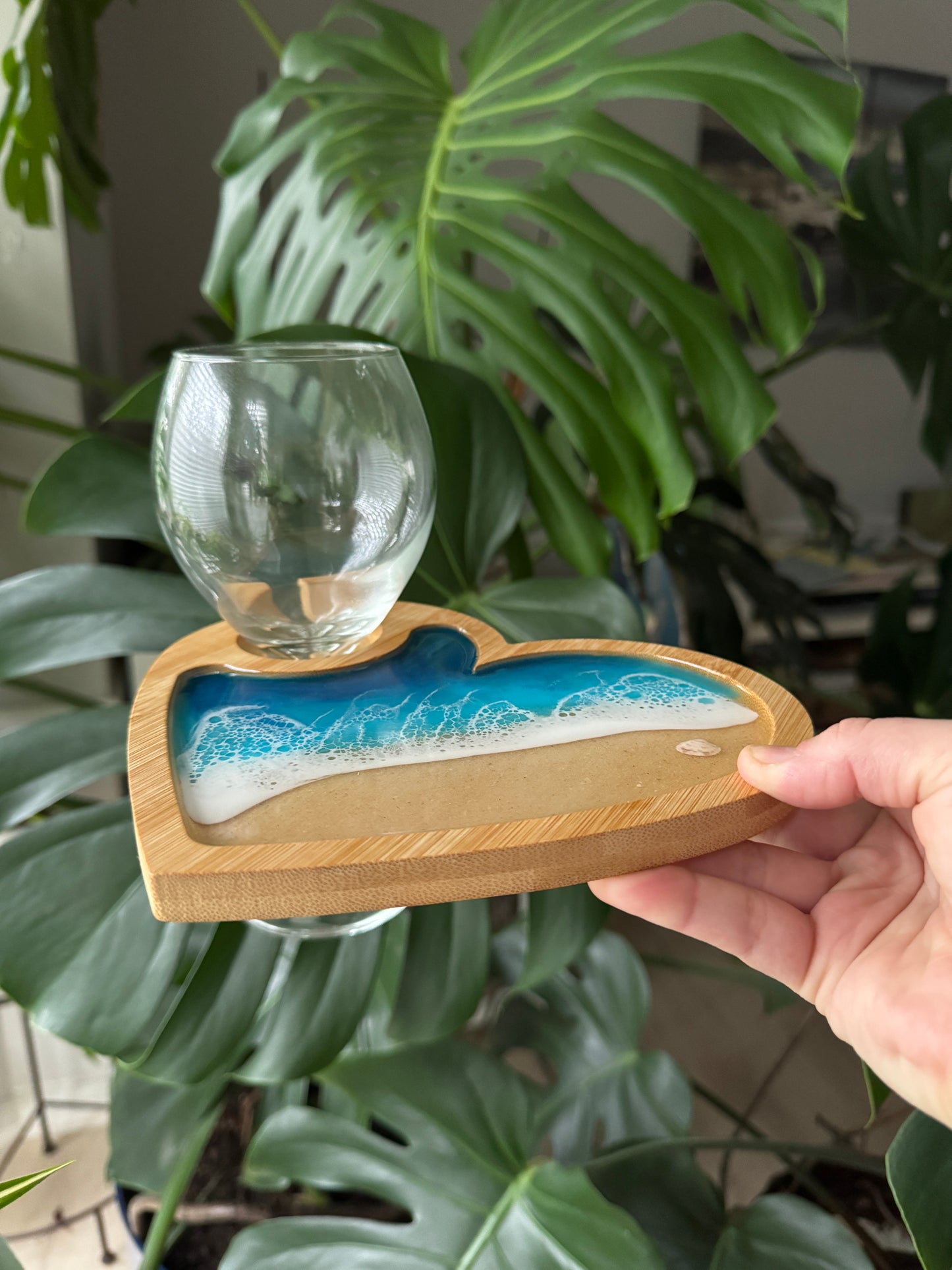 Blue Waves Appetizer board with wine glass holder