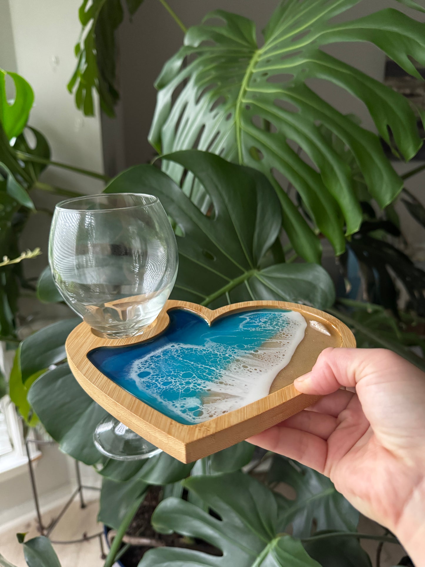 Blue Waves Appetizer board with wine glass holder