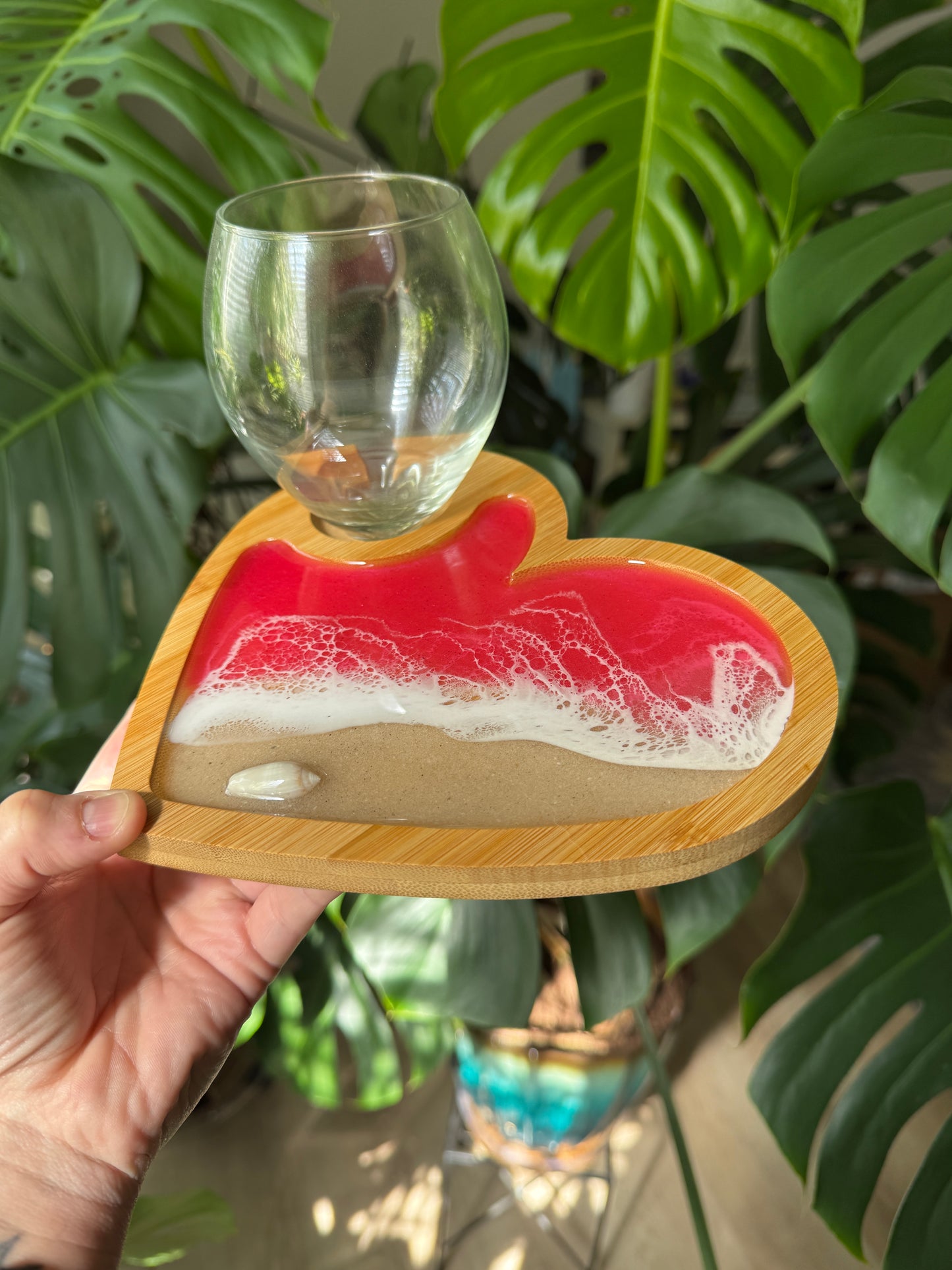 Pink Waves Appetizer board with wine glass holder