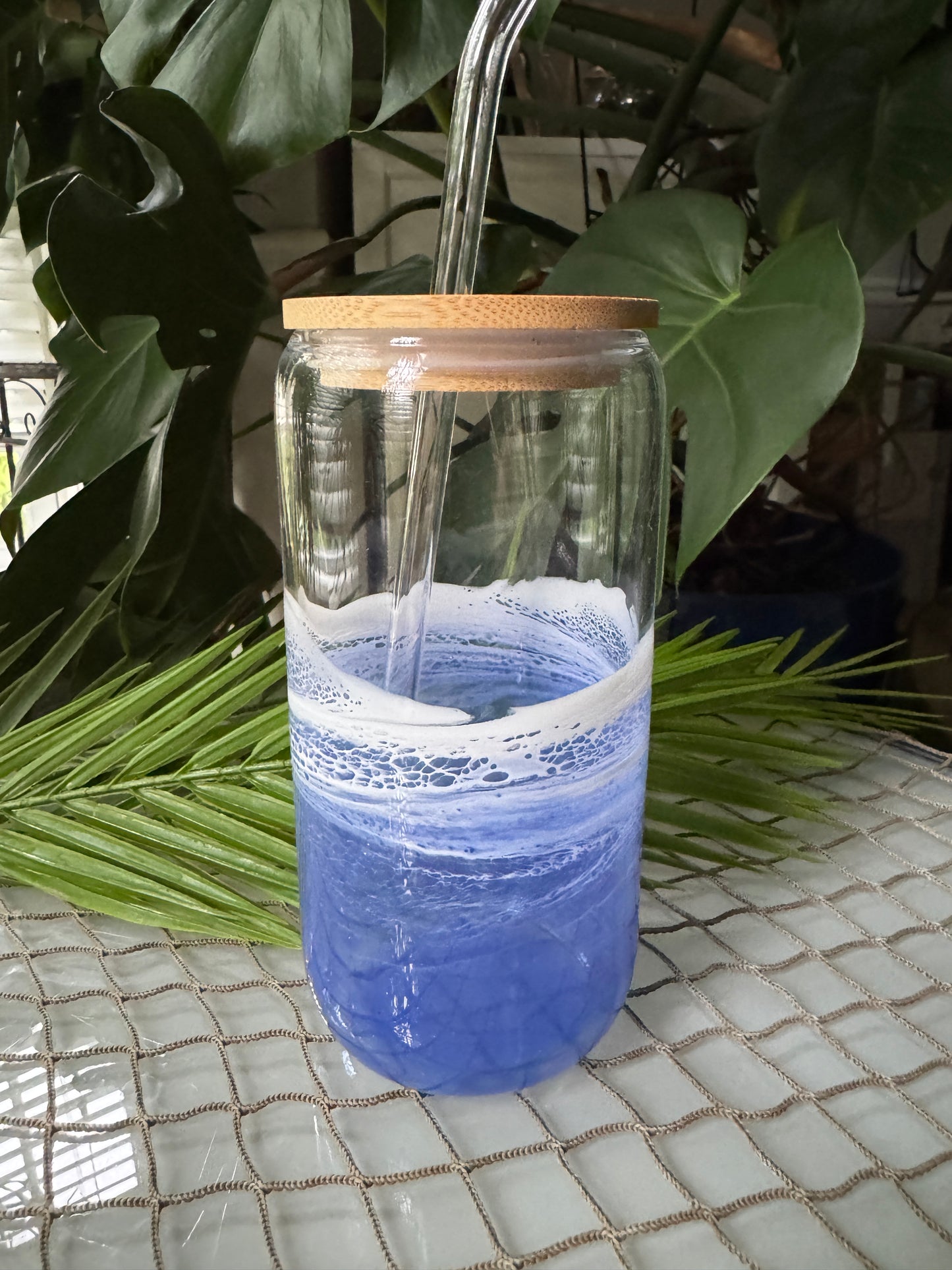 Purple Resin Waves Glass Cup with bamboo lid and straw