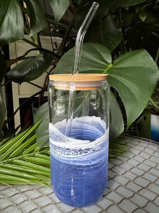 Purple Resin Waves Glass Cup with bamboo lid and straw