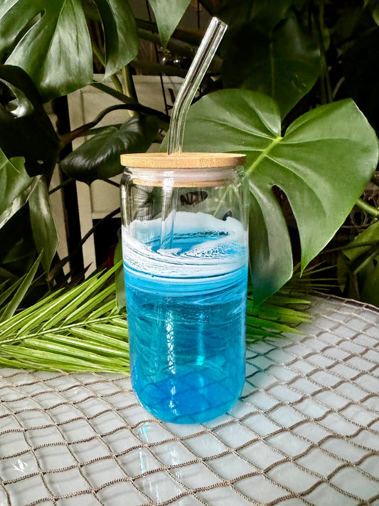 Blue Resin Waves Glass Cup with bamboo lid and straw