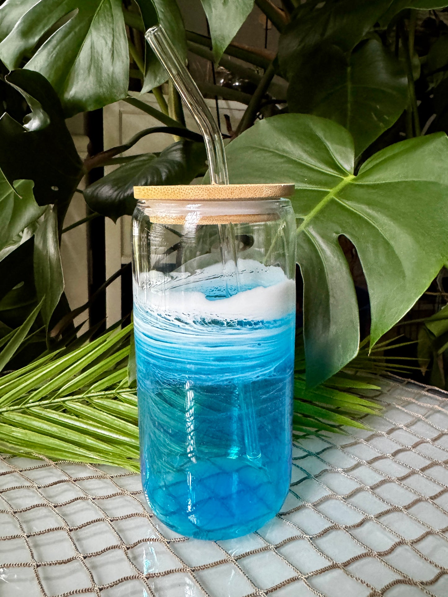 Blue Resin Waves Glass Cup with bamboo lid and straw