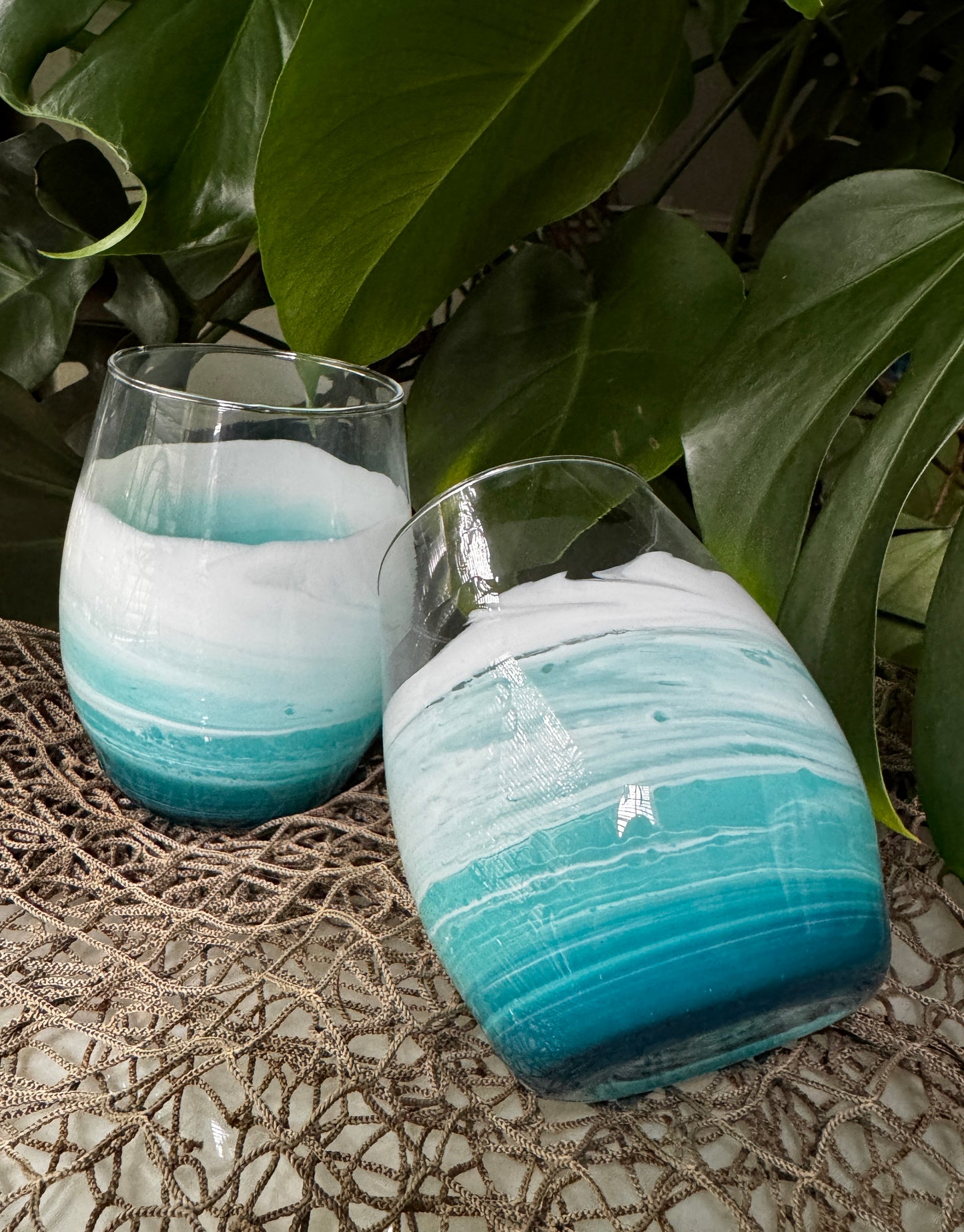 Beach Wine Glass, Stemless wine glass with blue waves, Ocean Wine glass, Resin waves glass, Wine lover gift, Beach Gift, Gift for Holiday