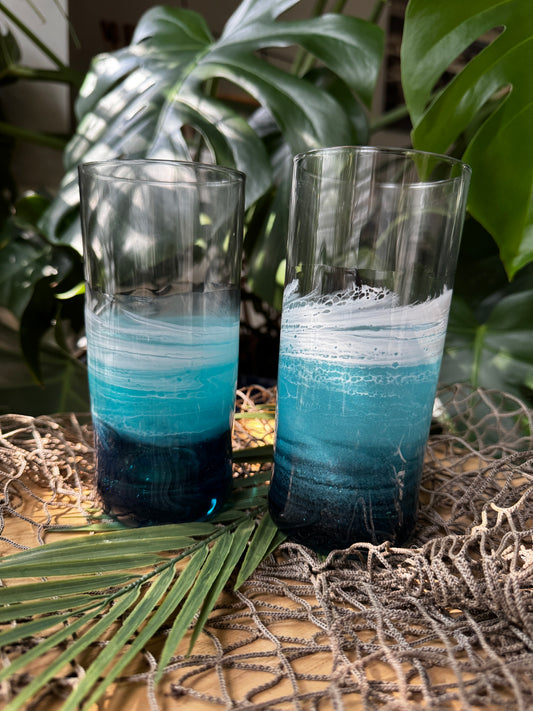 Tall Glass with Beach Resin Waves