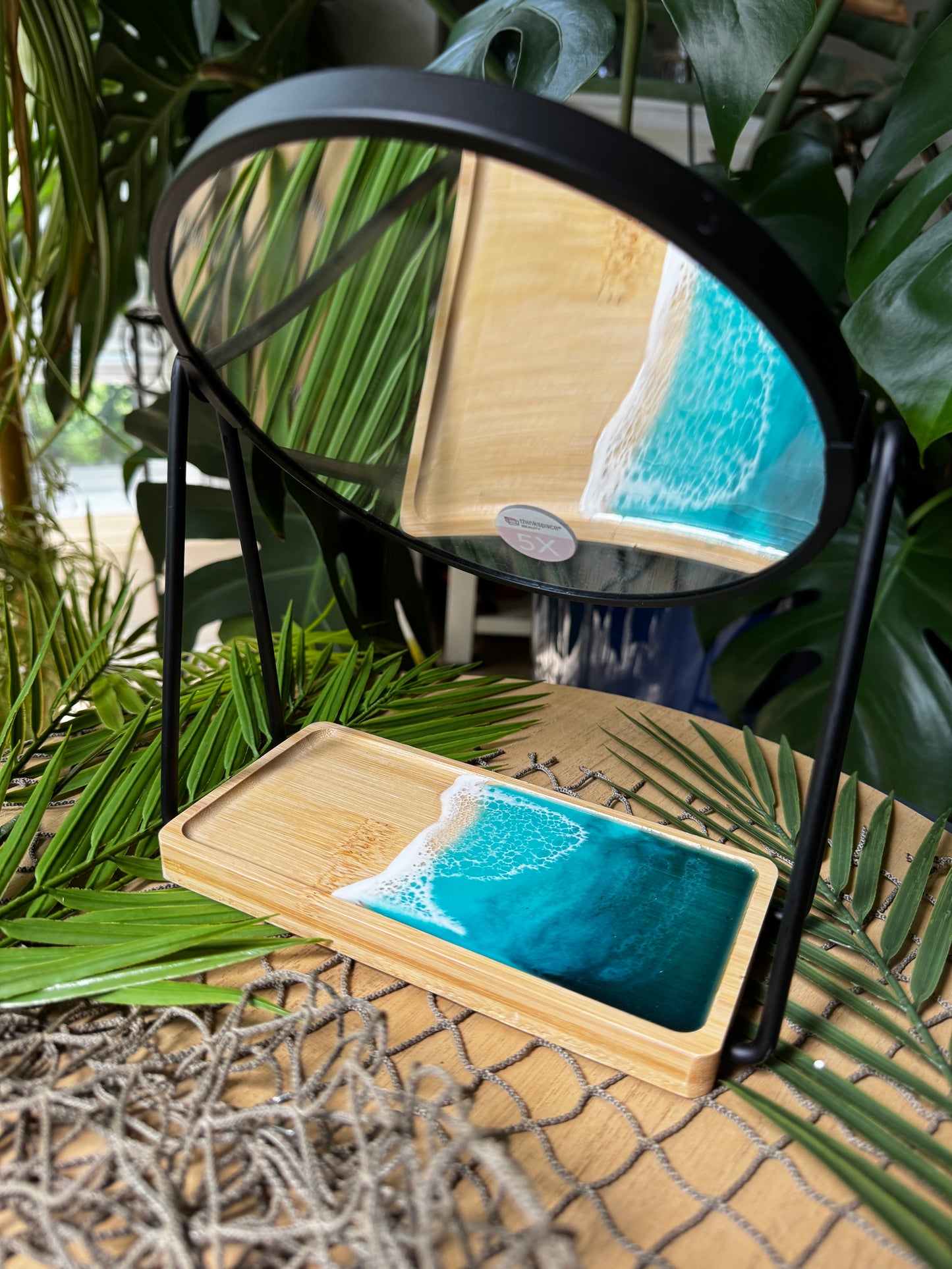 Makeup Mirror with Resin ocean waves bamboo tray