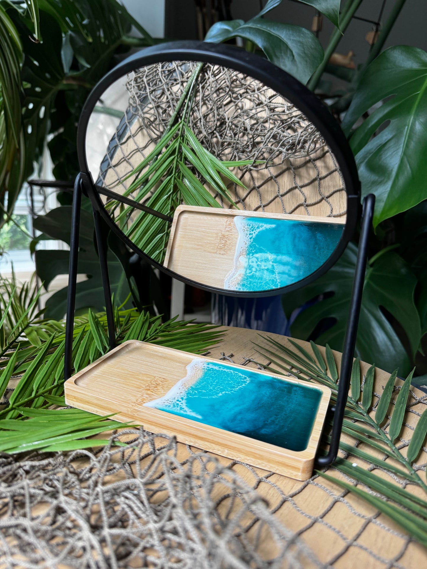 Makeup Mirror with Resin ocean waves bamboo tray