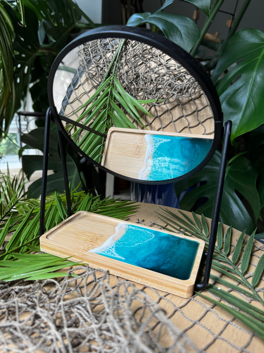 Makeup Mirror with Resin ocean waves bamboo tray