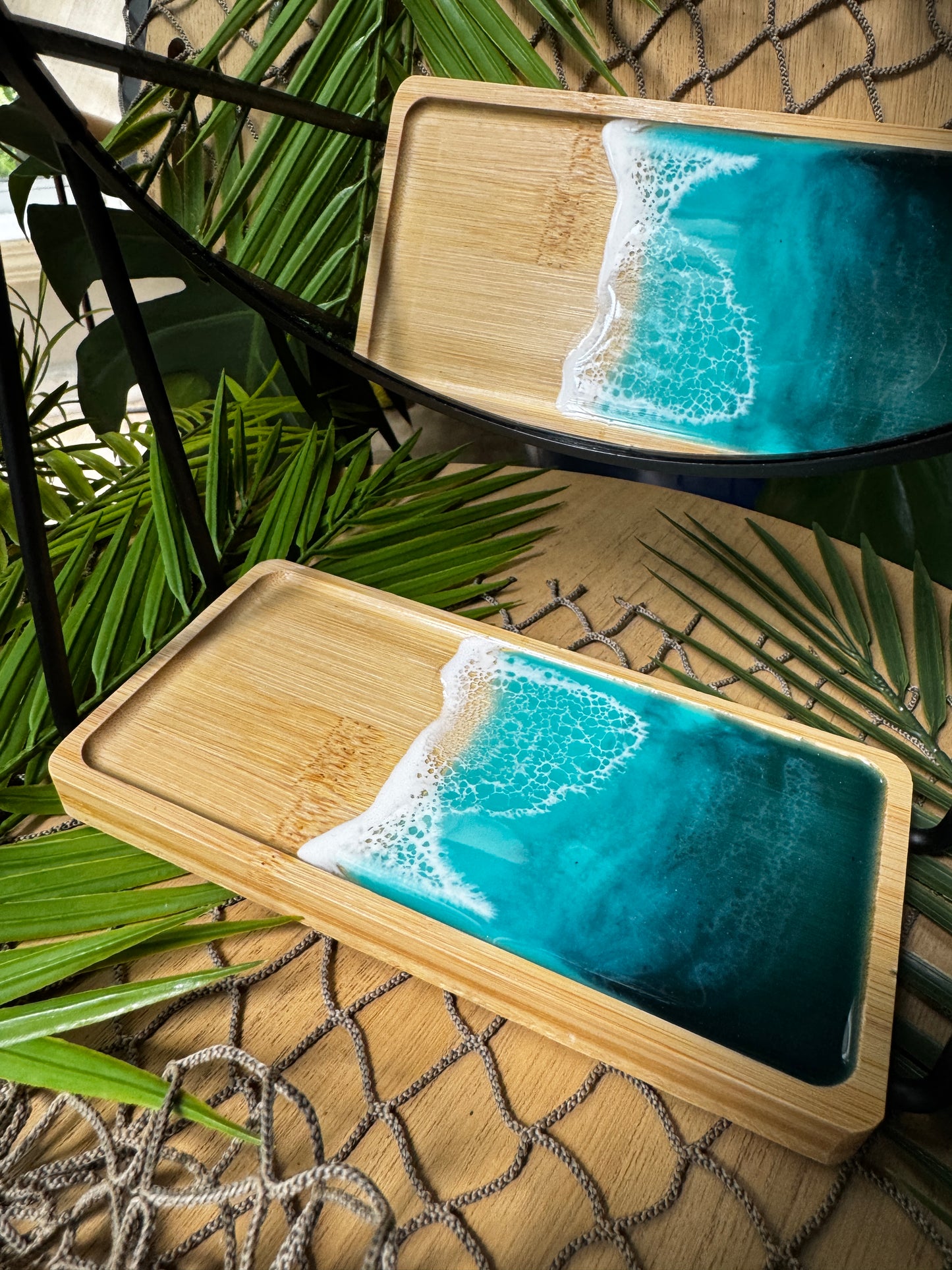 Makeup Mirror with Resin ocean waves bamboo tray
