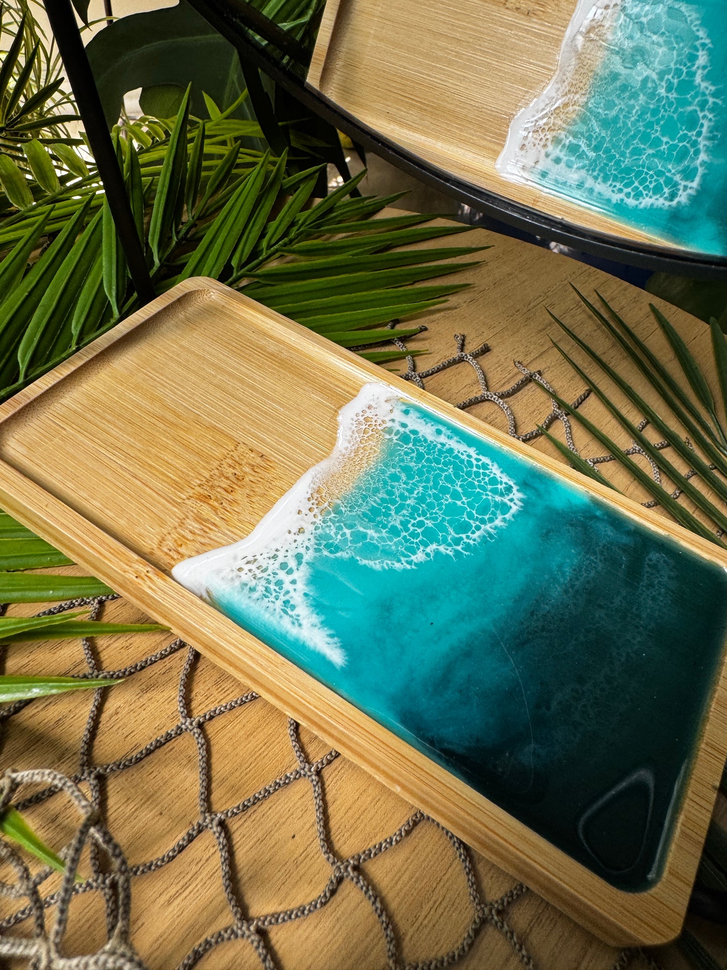 Makeup Mirror with Resin ocean waves bamboo tray