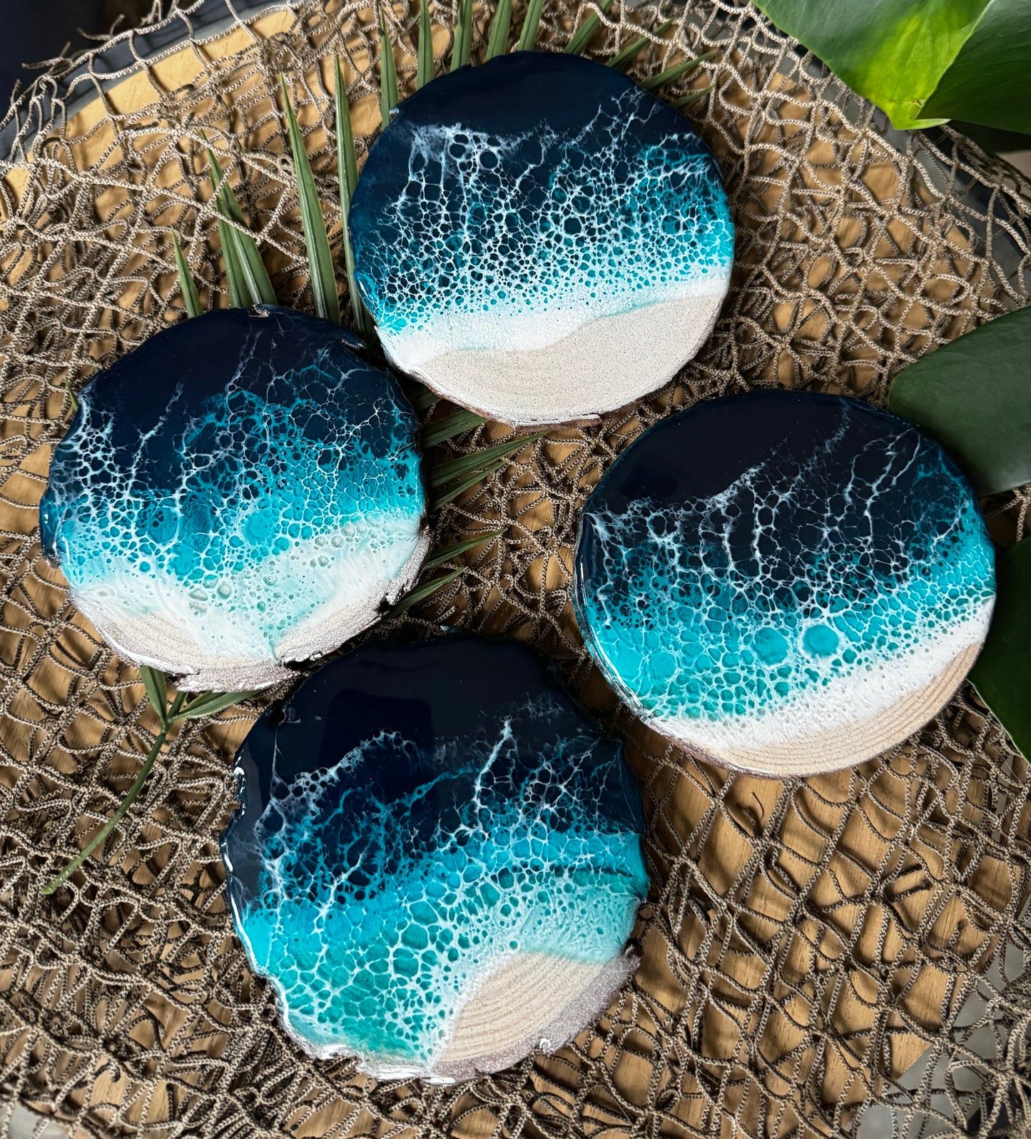 Emerald Coast Beach Coasters, Resin Waves Coasters Set of 4