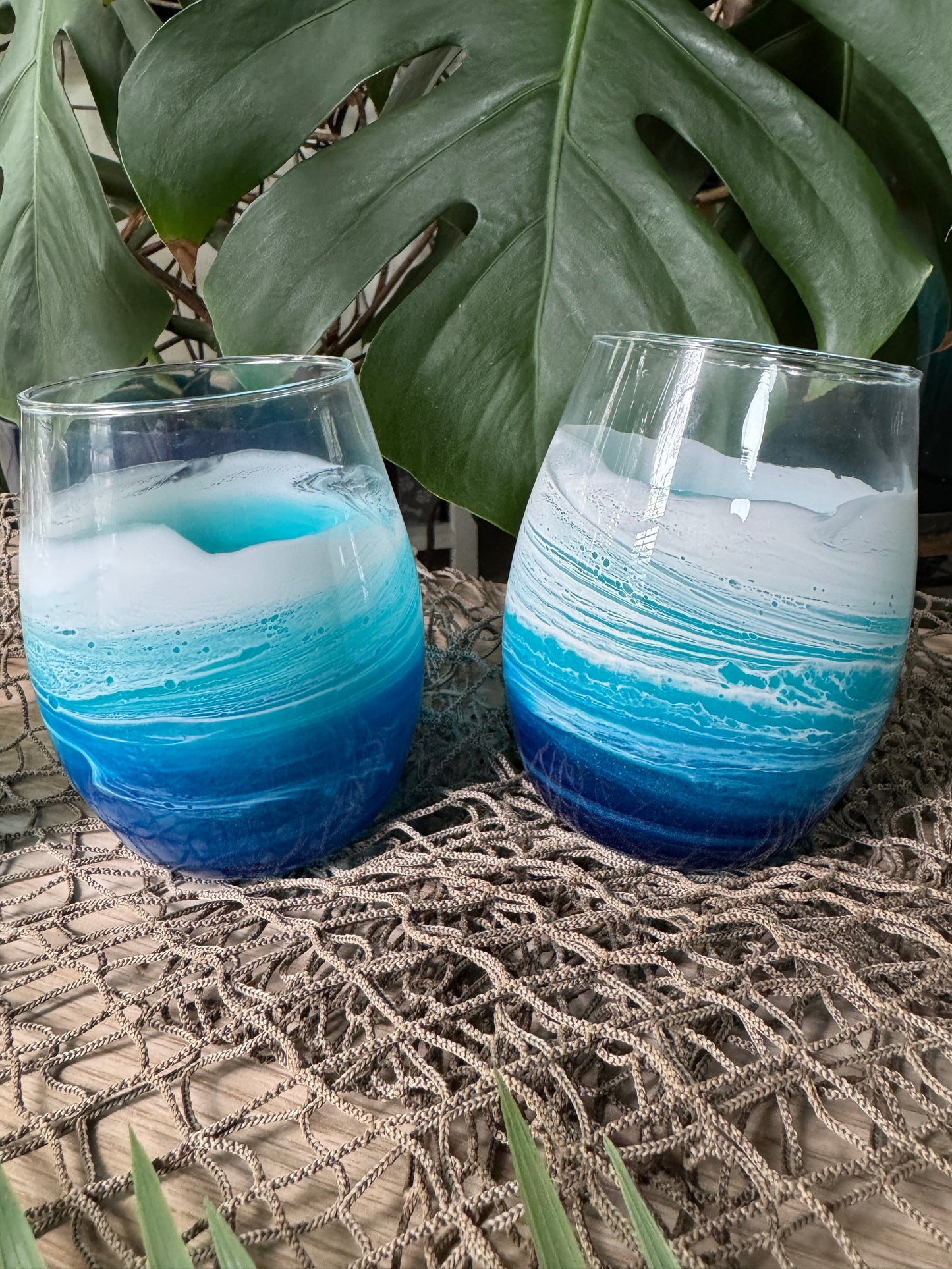 Stemless wine glass with Beach waves, Ocean Wine glass