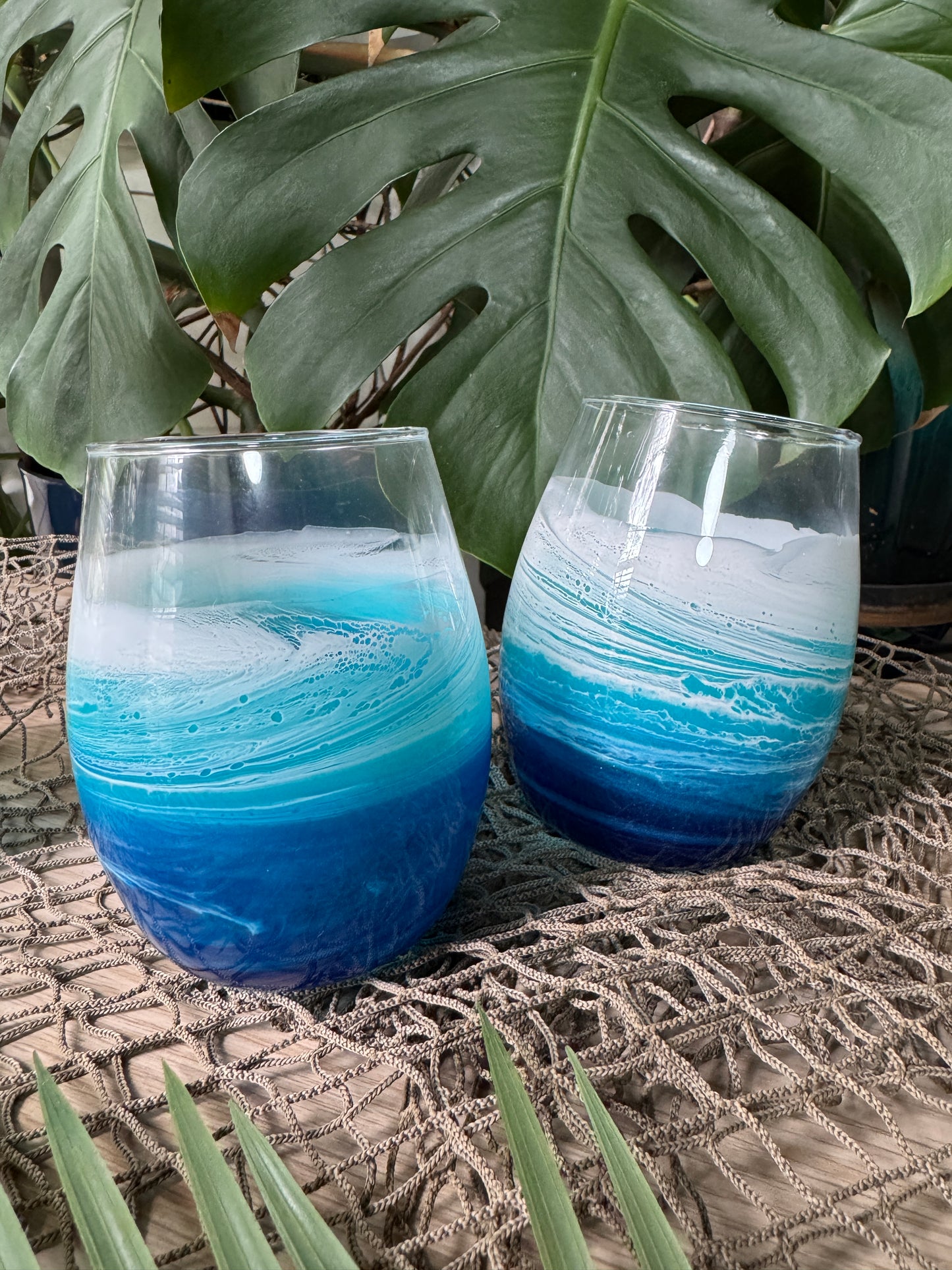 Stemless wine glass with Beach waves, Ocean Wine glass