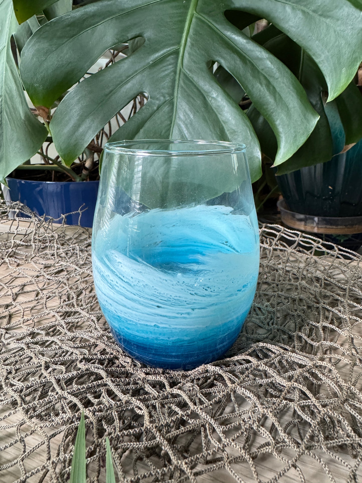 Stemless wine glass with Beach waves, Ocean Wine glass