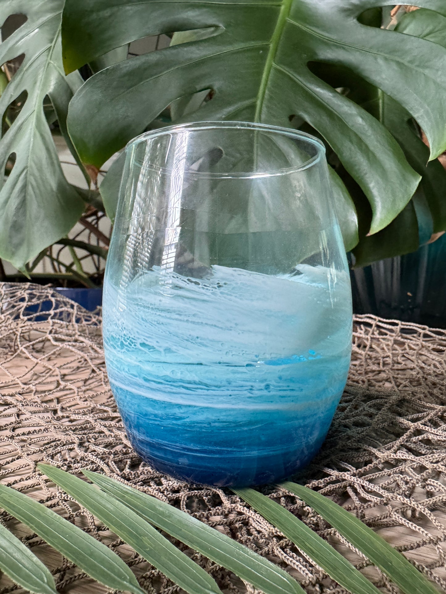 Stemless wine glass with Beach waves, Ocean Wine glass