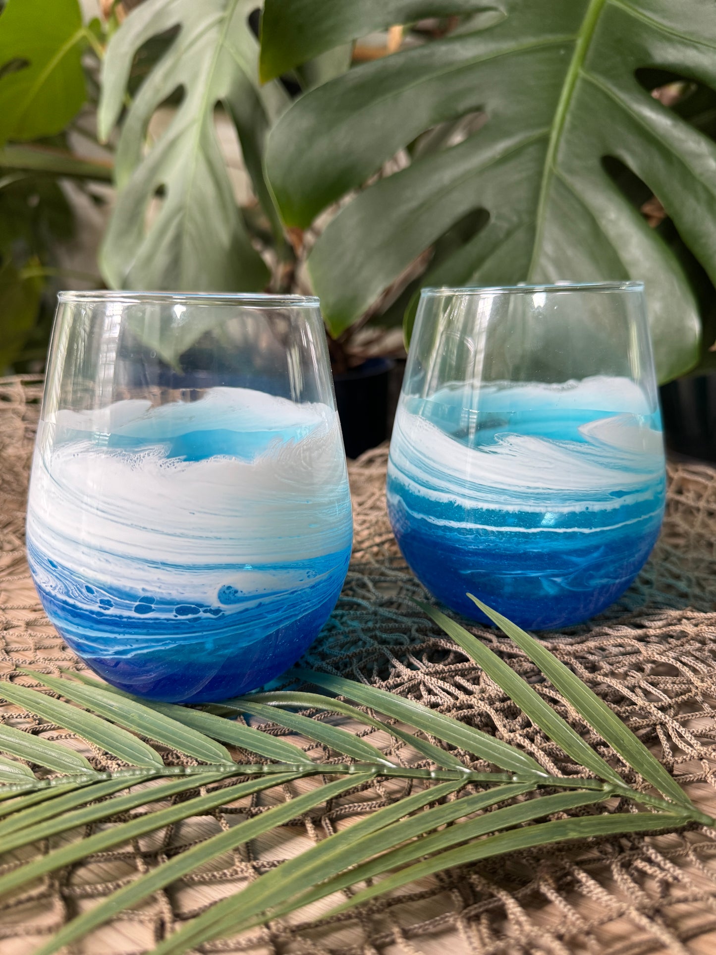 Stemless wine glass with Beach waves, Ocean Wine glass