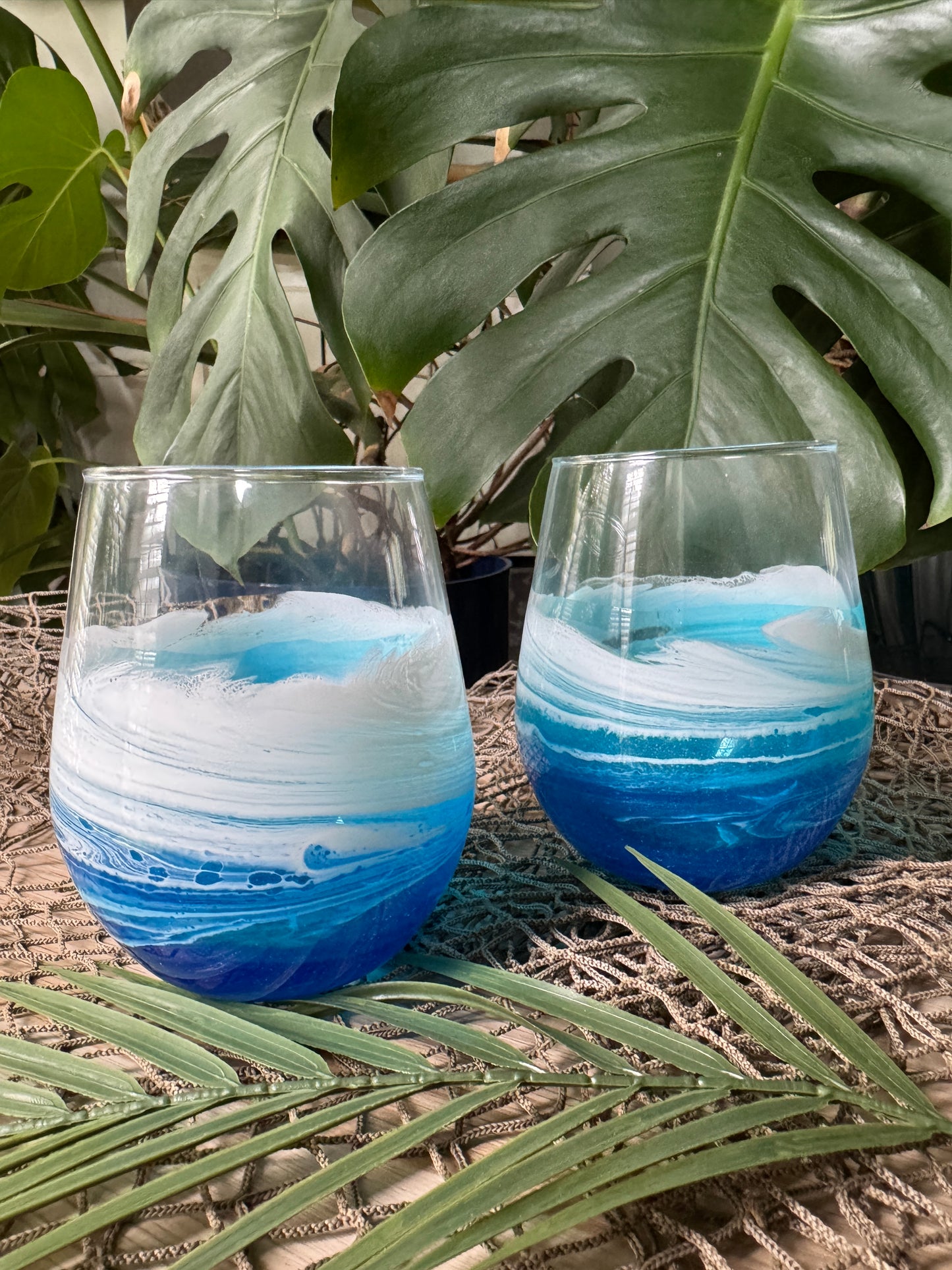 Stemless wine glass with Beach waves, Ocean Wine glass