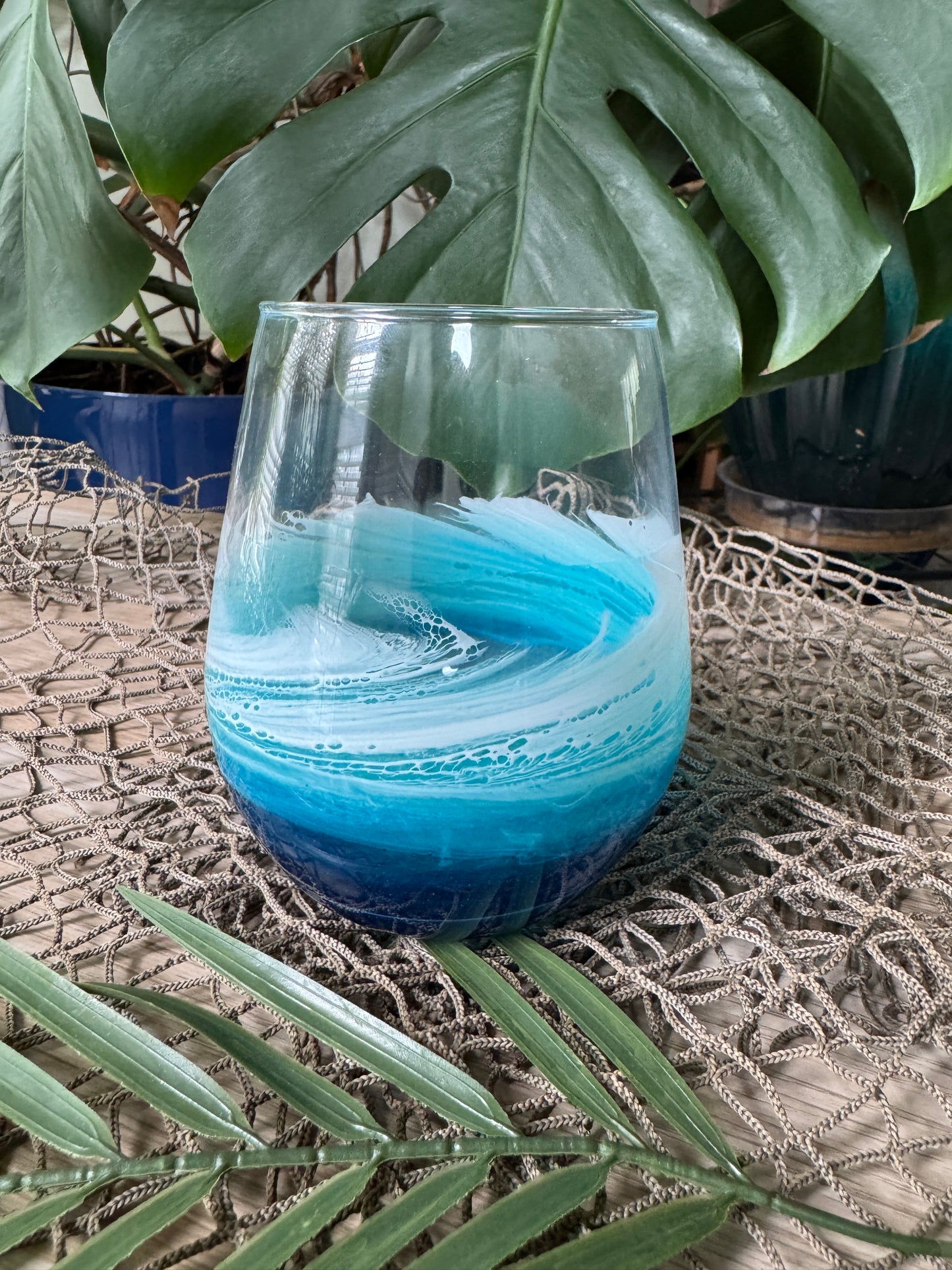 Stemless wine glass with Beach waves, Ocean Wine glass