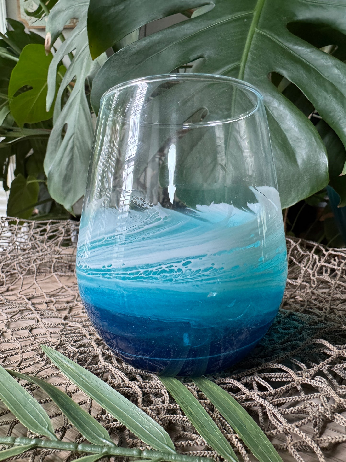 Stemless wine glass with Beach waves, Ocean Wine glass