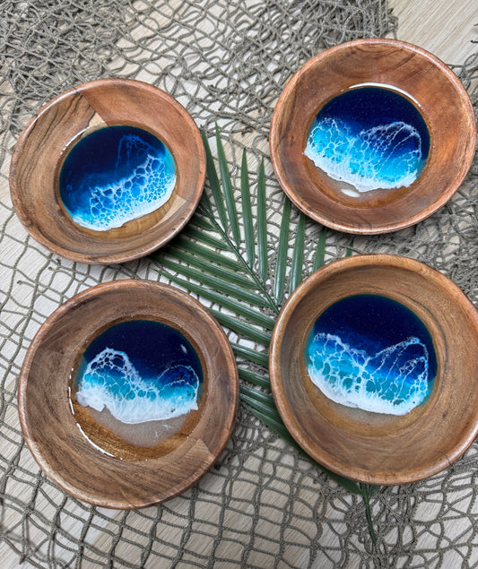 Wooden Bowl with Ocean Resin Waves, Jewelry Dish