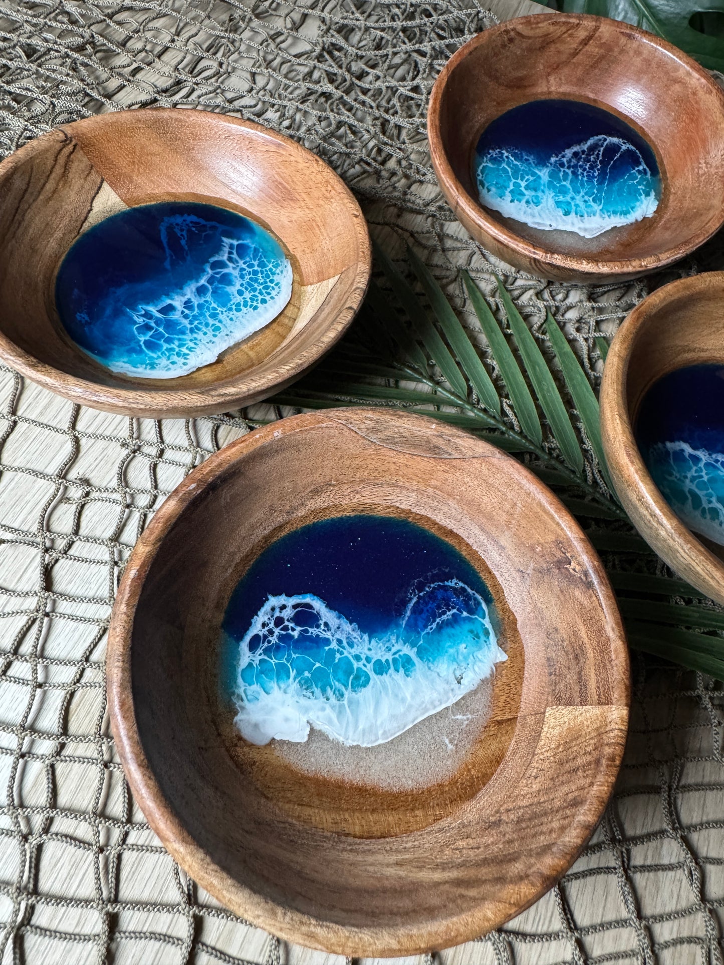 Wooden Bowl with Ocean Resin Waves, Jewelry Dish