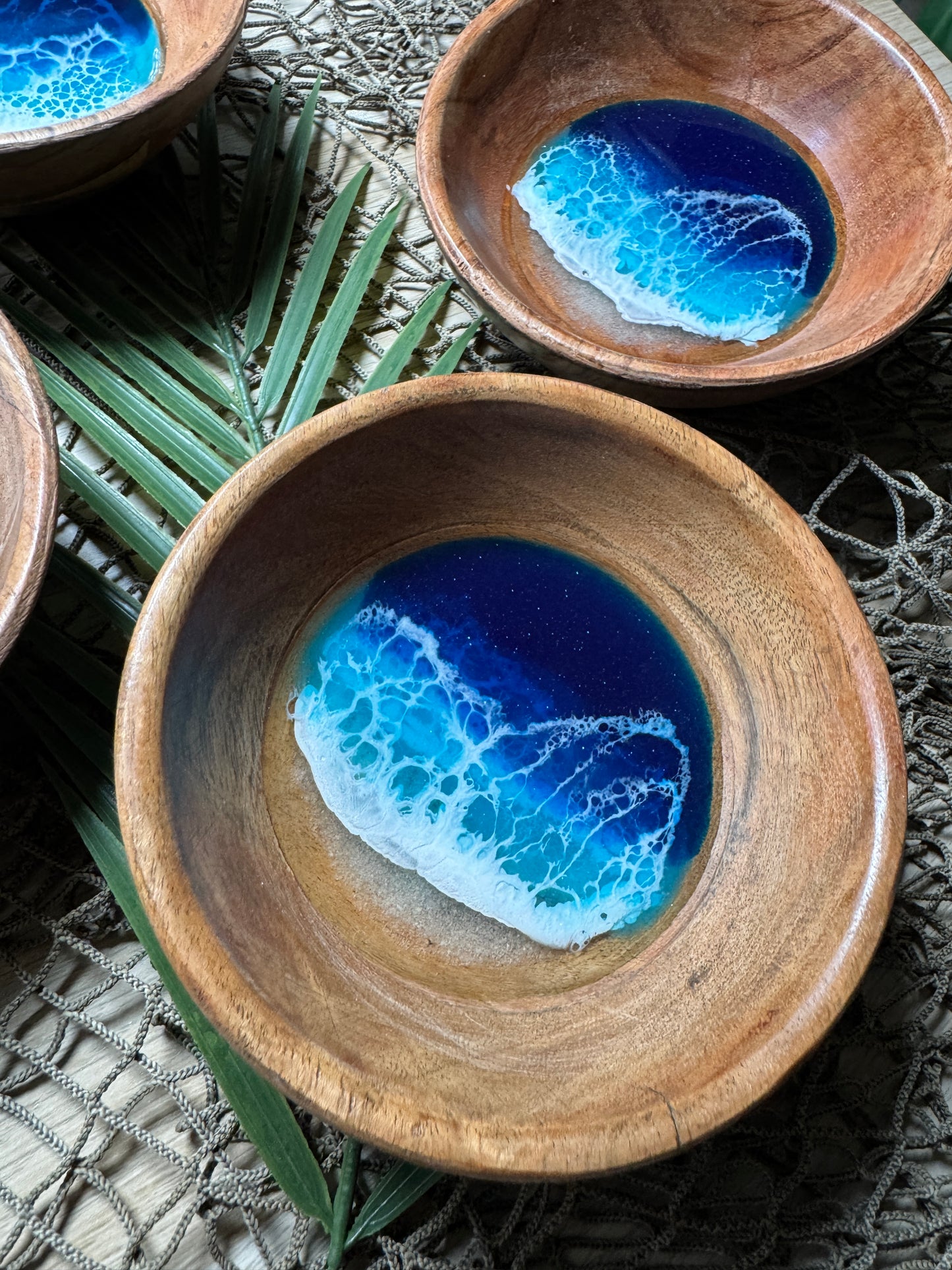 Wooden Bowl with Ocean Resin Waves, Jewelry Dish