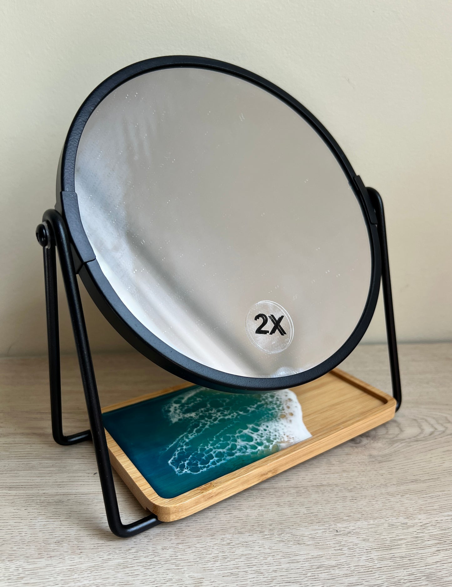 Beach Tabletop Makeup Mirror with resin waves bamboo tray
