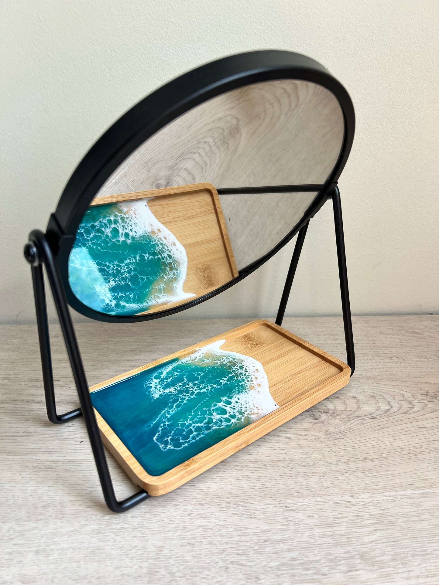 Beach Tabletop Makeup Mirror with resin waves bamboo tray