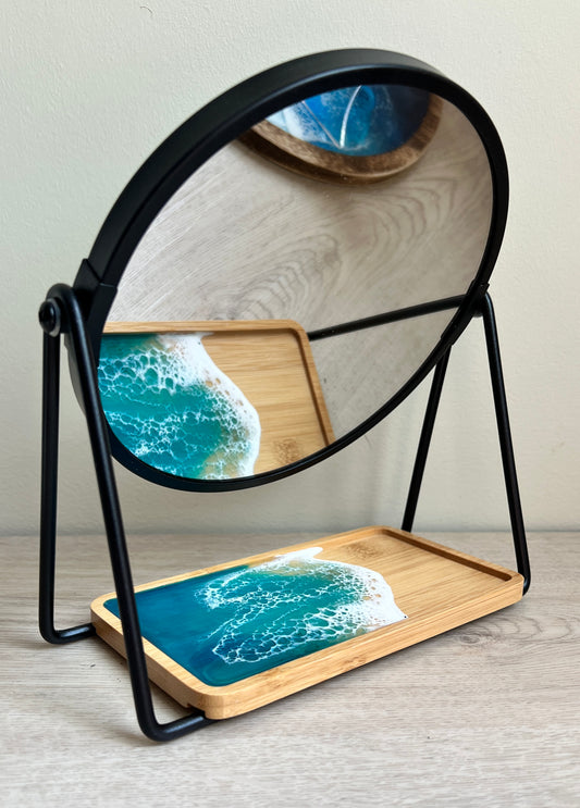 Beach Tabletop Makeup Mirror with resin waves bamboo tray