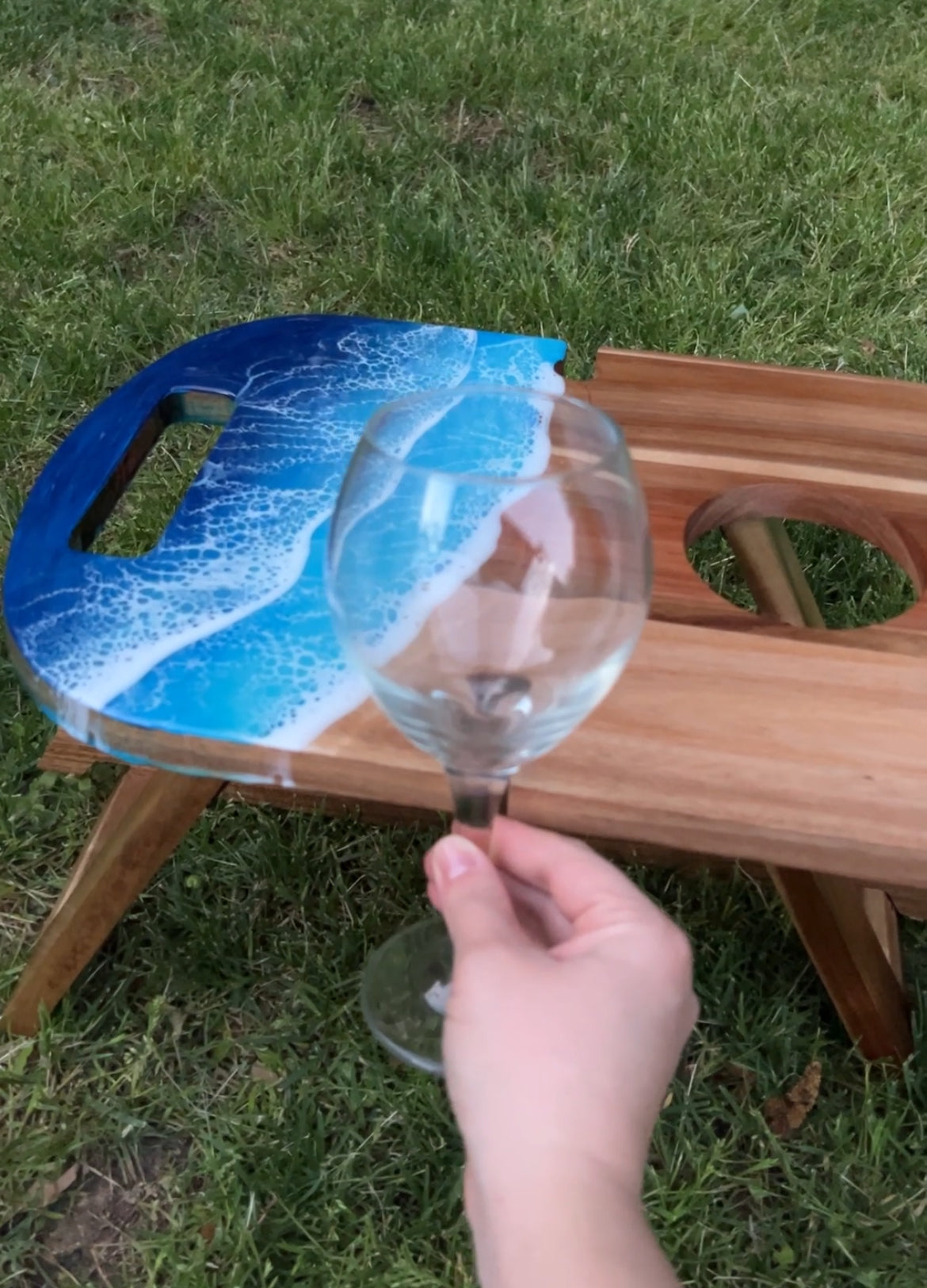 Beach-Themed Portable Picnic Table with Epoxy Waves – Table with Bottle Holder and Snack Space