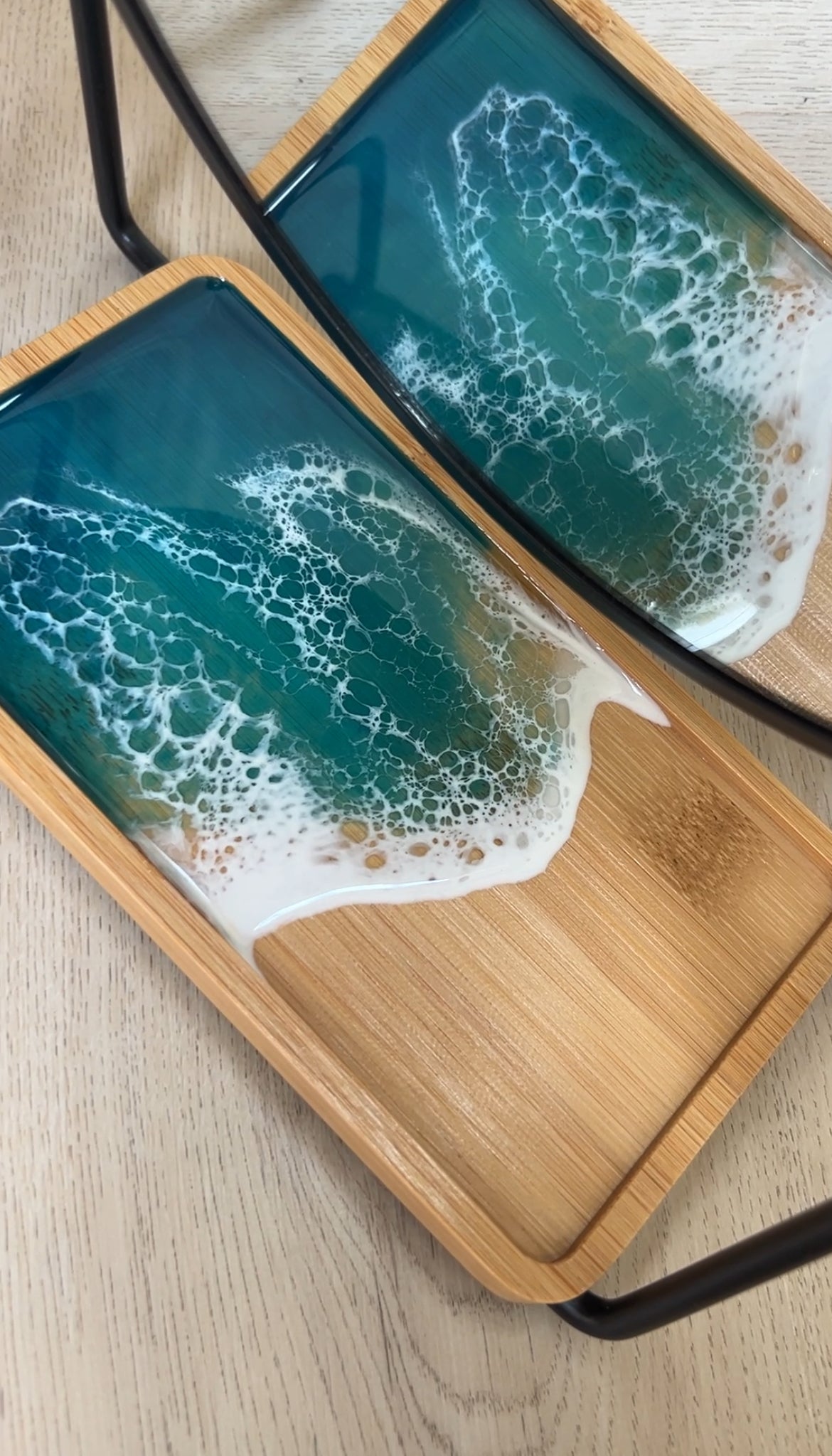 Beach Tabletop Makeup Mirror with resin waves bamboo tray