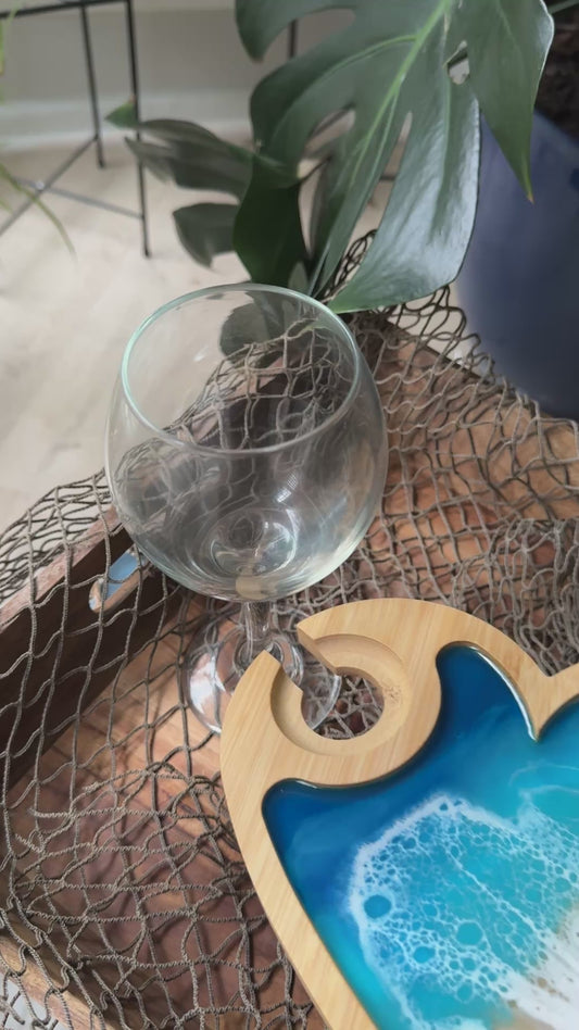 Blue Waves Appetizer board with wine glass holder